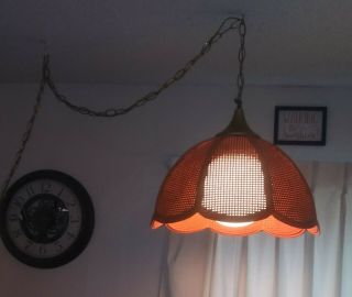 Vtg Mid Century Orange Wicker Hanging Swag Lamp W Glass Globe Chain Switch