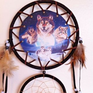 Cherokee Black Dream Catcher,  Wolves Printed On Canvas,  Feathers,  Beads