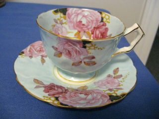 English Cup & Saucer Set - Aynsley Pale Blue With Pink Cabbage Roses Reg 765788