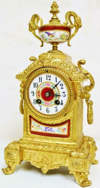 Antique 19thC French 8 Day Striking Gilt Metal & Sevres Porcelain Mantel Clock 2