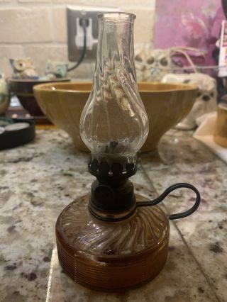 Vintage Miniature Amber Glass Oil Lamp With Chimney Shade Antique Kerosene