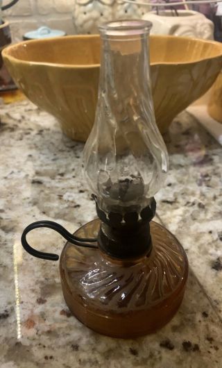 Vintage Miniature Amber Glass Oil Lamp With Chimney Shade Antique Kerosene 2