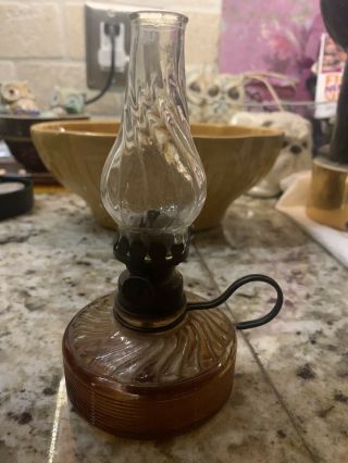 Vintage Miniature Amber Glass Oil Lamp With Chimney Shade Antique Kerosene 3