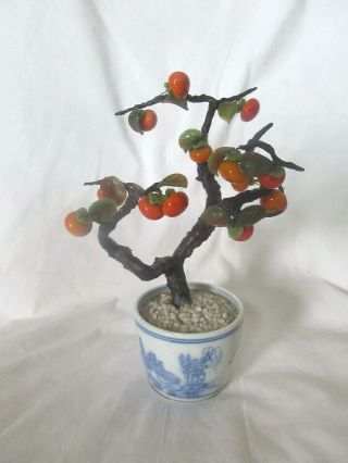 Vintage Asian Japanese Glass Fruit Bonsai Tree W/ Blue & White Ceramic Pot Japan