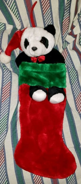 Vintage Plush 3d Christmas Stocking Panda Bear Red Green Prima Creations