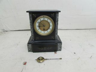 Antique Black Slate & Marble Mantel Clock By Konkurrenz Germany,  Fully Running