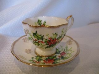 Queen Anne Yuletide Footed Cup And Saucer Fine Bone China - Christmas Holly