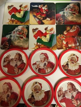 Vintage Coca - Cola Santa/christmas 6 Small Metal Plates & 6 Cork Board Coasters