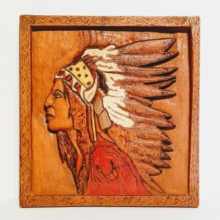 Vintage Native American Indian Chief Wood Carving Painting By J Malone