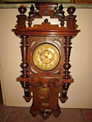 Antique Ornate German Wall Clock Arts & Crafts Dial & Pendulum