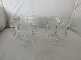 Antique Clear Cut Crystal Candle Holders W/ Saw Tooth Edge With 6 Prisms