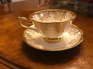 Royal Albert Tea Cup And Saucer Hampton Shape - Gold And White Vintage