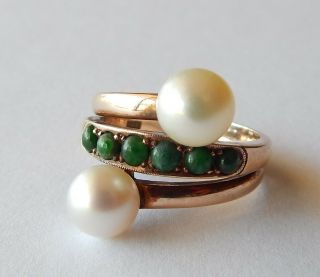 Vintage Natural Jadeite Jade Pearl 14k Gold Ring Sz 7