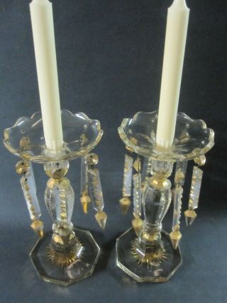 Pair Antique Crystal Luster Candle Holders With Prisms And Gold Gilding