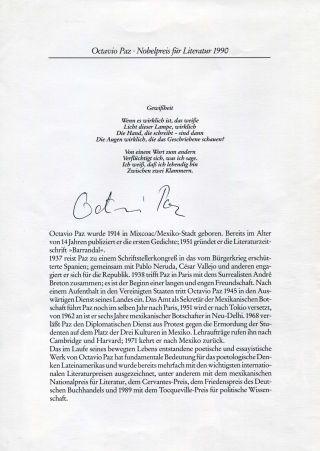 Nobel Prize Poet Octavio Paz Autograph,  Signed Promotion Leaflet