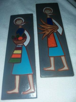Set Of Two Vintage Decorative Hand - Painted Tiles