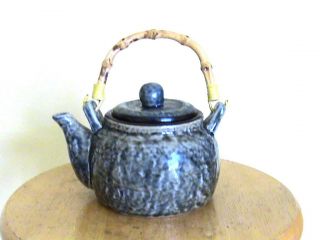 Small Mottled Green Teapot With Faux Bamboo Handle