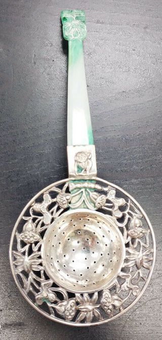 Vintage Chinese Export Silver Tea Strainer With Jade Handle