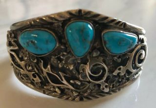 " Signed " Heavy Vintage Navajo Kingman Turquoise & Sterling Silver Cuff Bracelet