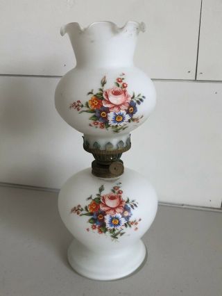Vintage Miniature Mini Roses Oil Lamp Milk Glass With Shade Chimney Tall 10