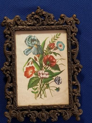Vintage Ornate Brass Frame With Silk Picture Women Flowers Made In Italy