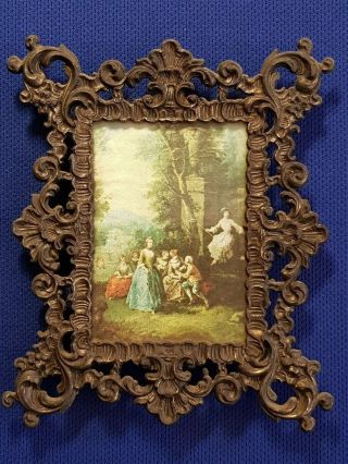 Vintage Ornate Brass Frame With Silk Picture Women Play Made In Italy