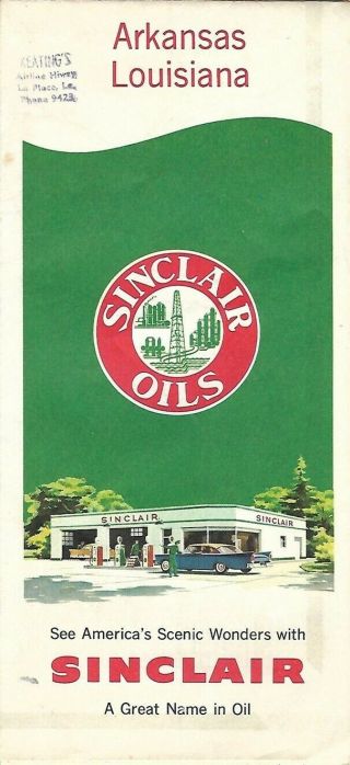 1959 Sinclair Oil Road Map Arkansas Louisiana Texarkana Shreveport Baton Rouge