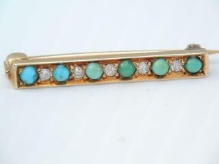 Antique Victorian 14k Gold & Mine Cut Diamond Turquoise Lingerie Pin Bar Pin