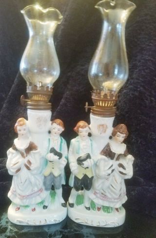 Lamps Pair Vintage Porcelain Made In Japan Colonial Figurines Oil Burner Lamps