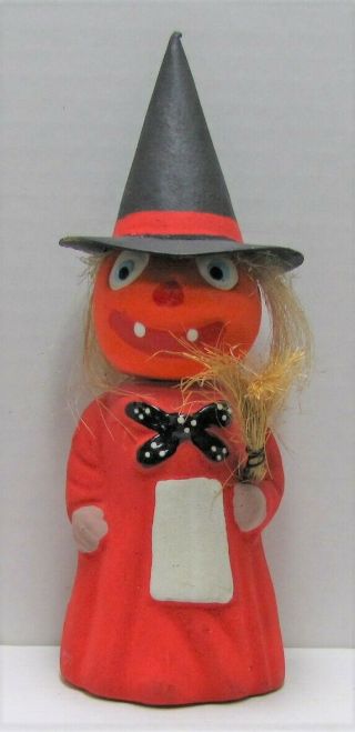 Vintage Pumpkin Head Witch With Broom Ceramic Halloween Candy Container Germany