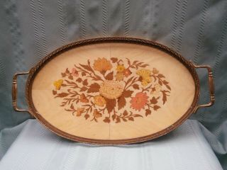 Vintage Inlaid Wood Oval Serving " Tray Sorrento " / " Italian " Floral Brass 16 "