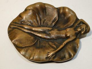 Vintage Bronze Art Nouveau Nude Lady On Lily Pad Pin Or Soap Dish