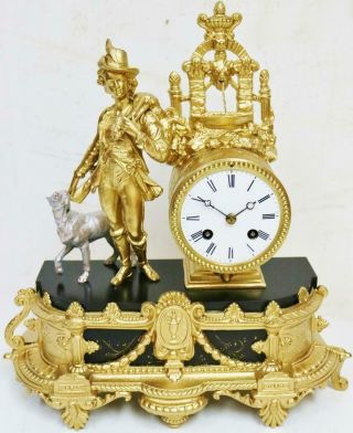 Stunning Antique French 8 Day Striking Gilt Metal Hunting Themed Mantle Clock