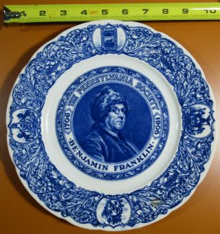 1706 - 1906 Benjamin Franklin The Pennsylvania Society Flow Blue Souvenir Plate