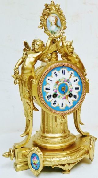 Antique French 8 Day Ornate Gilt Metal & Sevres Porcelain Striking Mantel Clock 2