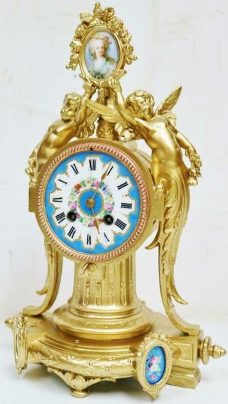 Antique French 8 Day Ornate Gilt Metal & Sevres Porcelain Striking Mantel Clock 3