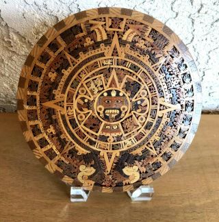 Laser Carved Wooden Aztec Mayan Sun God Calendar Trivet 7.  5in D