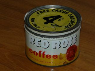 Vintage Red Rose Coffee Empty Tin Can - Lid With  Cards Enclosed 4¢ Off