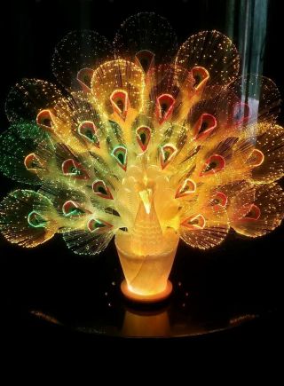 Vintage Fiber Optic Color Changing Large Multi Teather Peacock Table Lamp