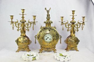 Antique French Bronze Copper Clock Set Gothic Dragon Candelabras