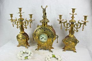 Antique French Bronze copper Clock set gothic dragon candelabras 2