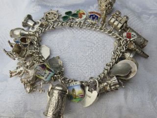 Vintage Heavy Silver Charm Bracelet With 33 Charms 86 Grams 3 Enamelled