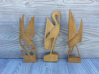 Set Of 3 Hand Carved Wooden Crane Storks Bird Decor Vintage