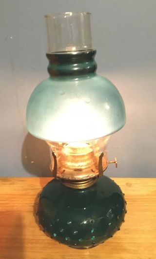 Vintage Lamplight Farms Forest Green Hobnail Glass Oil Hurricane Lamp With Shade