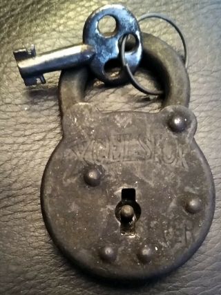 Vintage Antique Excelsior Six Lever Padlock Lock With Key Made In Usa Rustic