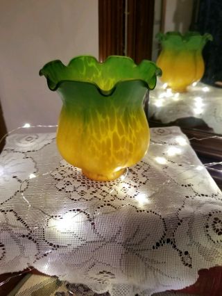 Vintage Green Amber Shade Ruffle Globe Tiffany Style Lamp Lily Tulip Glass Frost