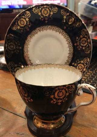 Vintage Tea Cup & Saucer Royal Grafton Fine Bone China England Black & Gold
