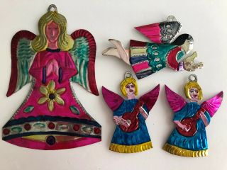 Vintage Mexican Folk Art Punched Tin Angel Christmas Ornaments X 4