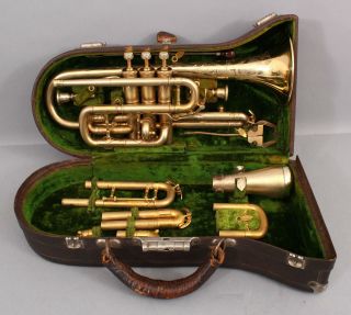 Rare Antique 1919 Buescher Elkhart Gold Plated True Tone Brass Cornet W/ Case