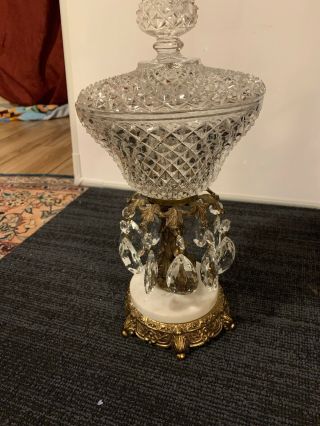 Vintage Hollywood Cut Crystal Marble Brass Chandelier Pedestal Bowl With Lid